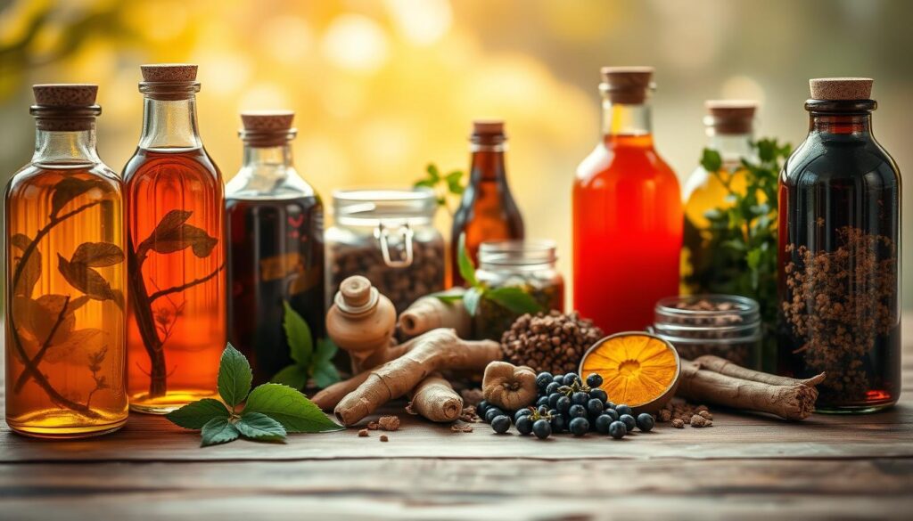 A beautifully lit, close-up photograph of an assortment of herbal tonics and elixirs arranged on a wooden table. The foreground showcases various glass bottles and jars filled with vibrant, earthy-toned liquids, herbs, and roots. The middle ground features a selection of fresh, organically grown ingredients like ginger, turmeric, elderberries, and ashwagandha. The background is softly blurred, creating a serene, natural atmosphere. The lighting is warm and diffused, casting a gentle glow over the scene, highlighting the natural textures and colors of the herbal remedies. The overall mood is one of wellness, vitality, and the power of plant-based nutrition.