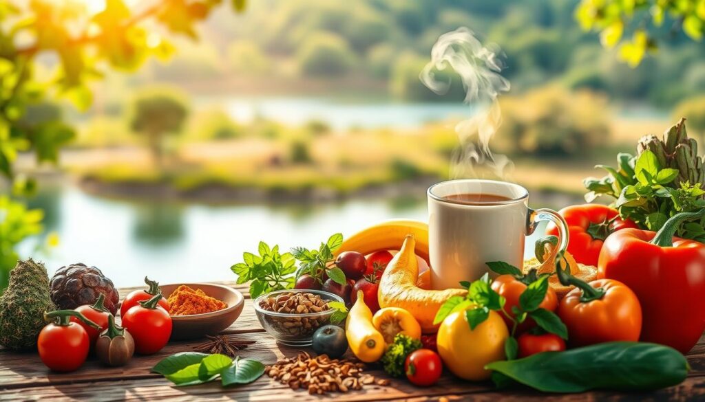 A vibrant and serene scene of holistic health and nutrition. In the foreground, a variety of fresh, colorful fruits and vegetables artfully arranged on a rustic wooden table, bathed in warm, natural lighting. In the middle ground, a steaming cup of herbal tea, complemented by a selection of Ayurvedic spices and herbs. The background features a lush, verdant landscape, with a calming body of water reflecting the tranquil scene. The overall atmosphere evokes a sense of balance, wellness, and the harmonious integration of nature's bounty into a nourishing, holistic lifestyle.