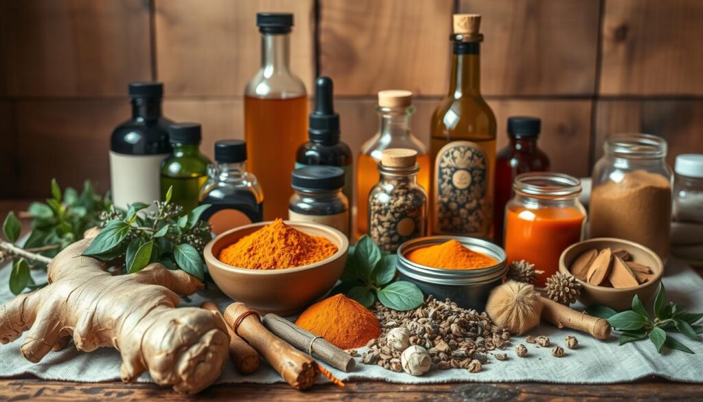 A vibrant still life arrangement depicting an assortment of herbal tonics ingredients. In the foreground, an array of fresh botanicals including ginger root, turmeric, ashwagandha, and echinacea in earthy hues. In the middle ground, various glass bottles and jars filled with potent herbal tinctures, oils, and powders. The background features a rustic wooden table with a linen cloth, creating a warm, inviting atmosphere. Soft, natural lighting casts a gentle glow, highlighting the textures and colors of the natural ingredients. The composition conveys a sense of wellness, vitality, and the homemade artisanal quality of herbal tonics.